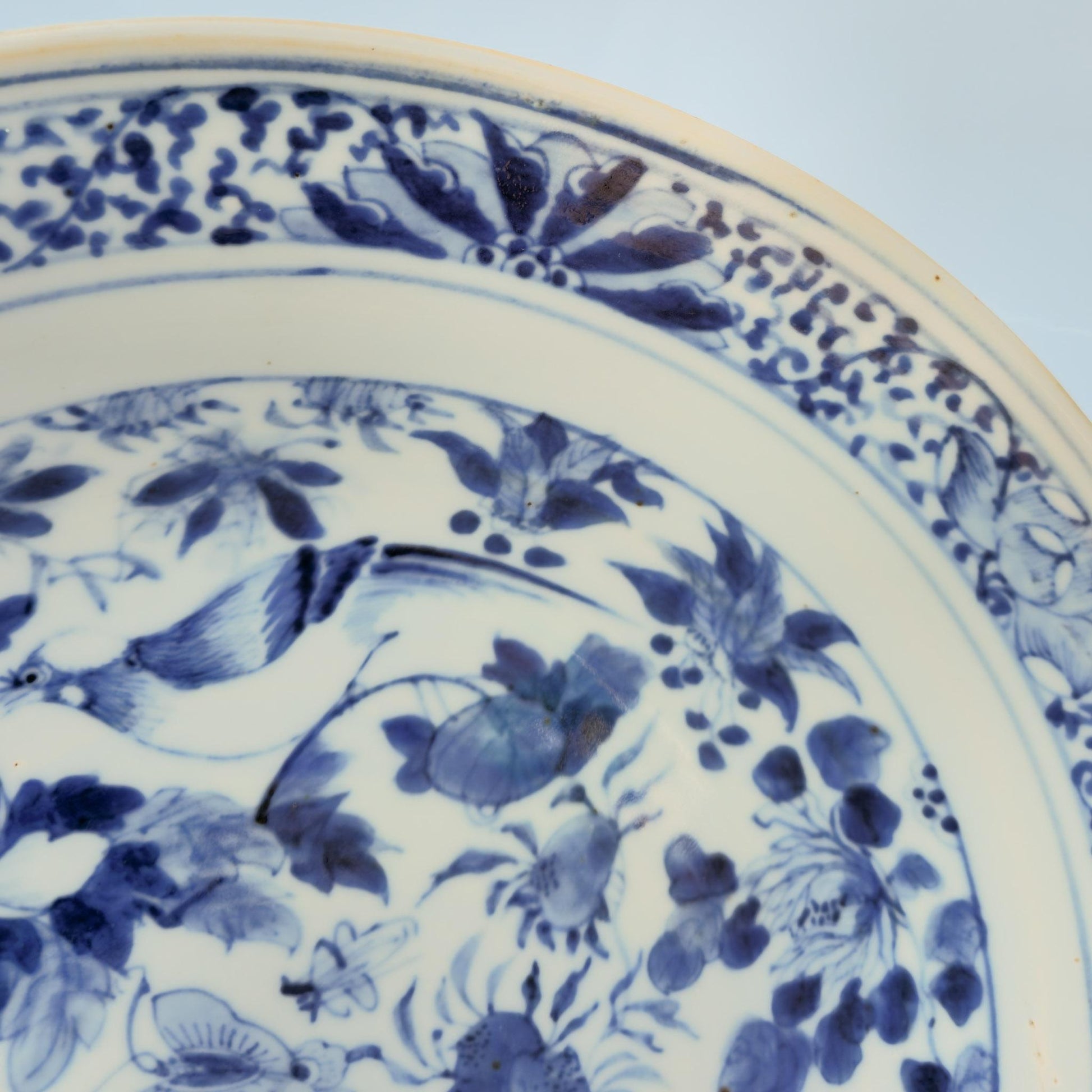 Chinese 19thC. Blue and White Birds and Flowers Garden Scene Porcelain Charger / Dish Qing Mollaris.com 