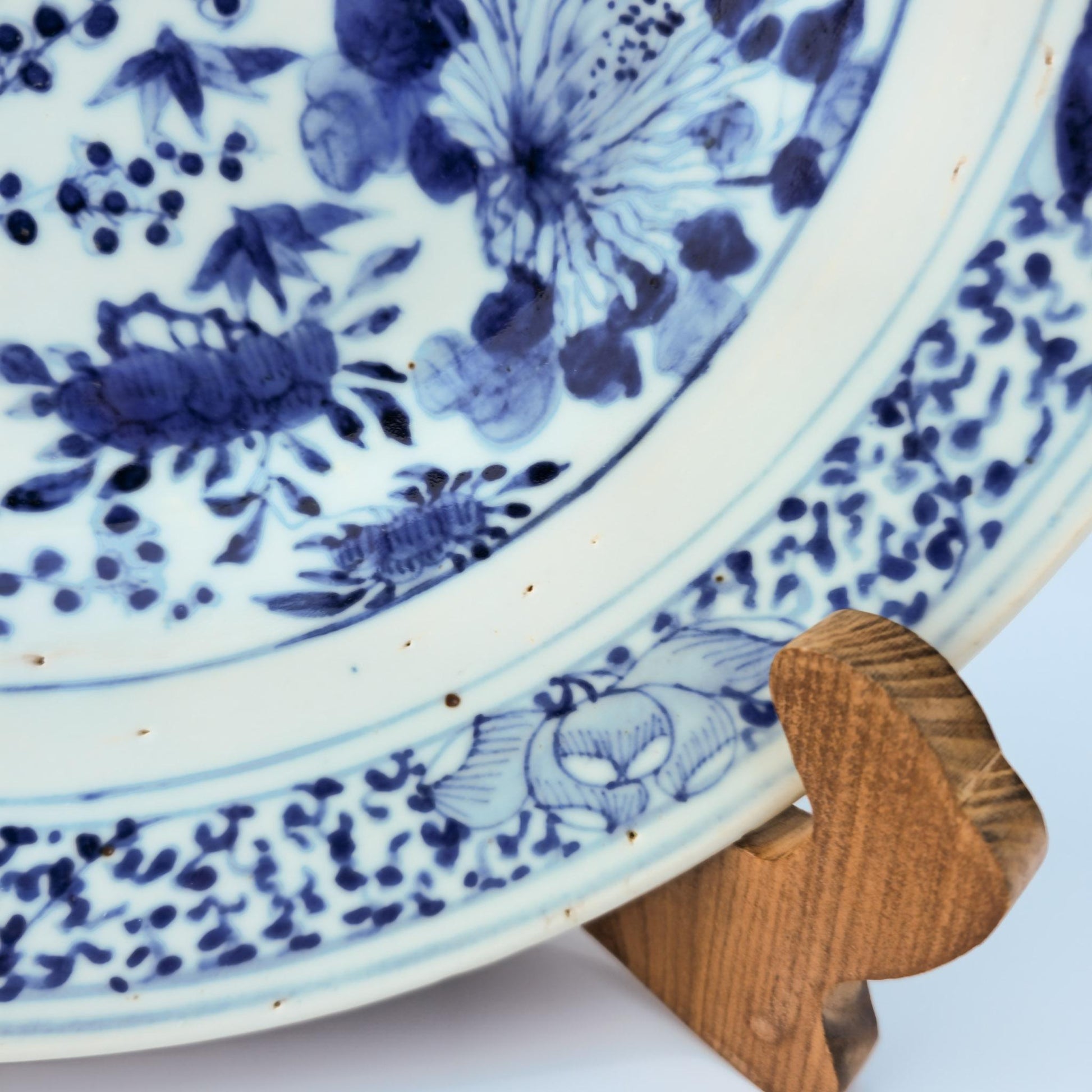 Chinese 19thC. Blue and White Birds and Flowers Garden Scene Porcelain Charger / Dish Qing Mollaris.com 