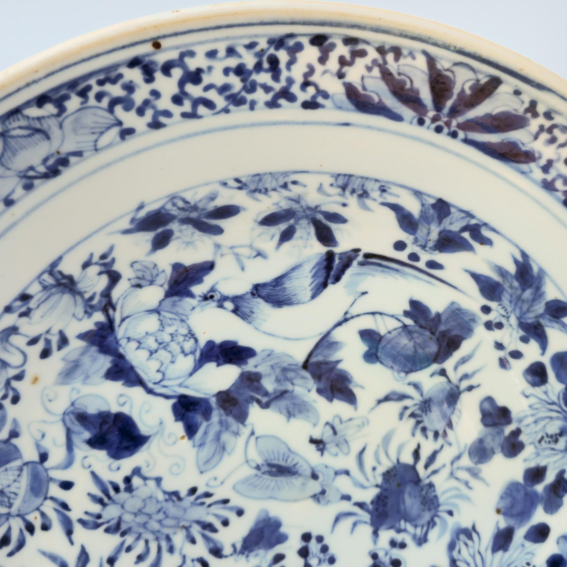 Chinese 19thC. Blue and White Birds and Flowers Garden Scene Porcelain Charger / Dish Qing Mollaris.com 