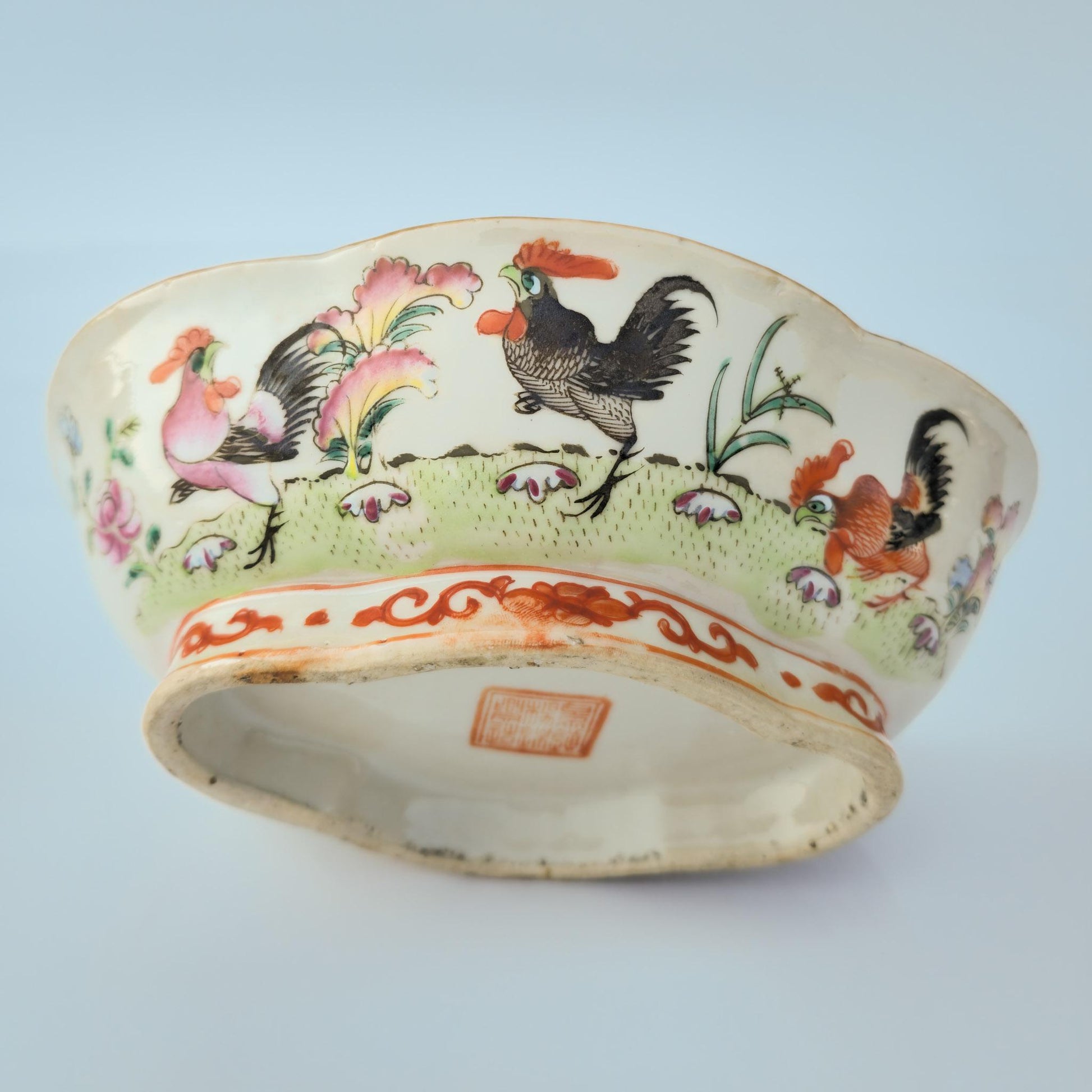 Chinese 20thC. Famille Rose Rooster Bowl, Late Qing / Republic Period Mollaris.com 