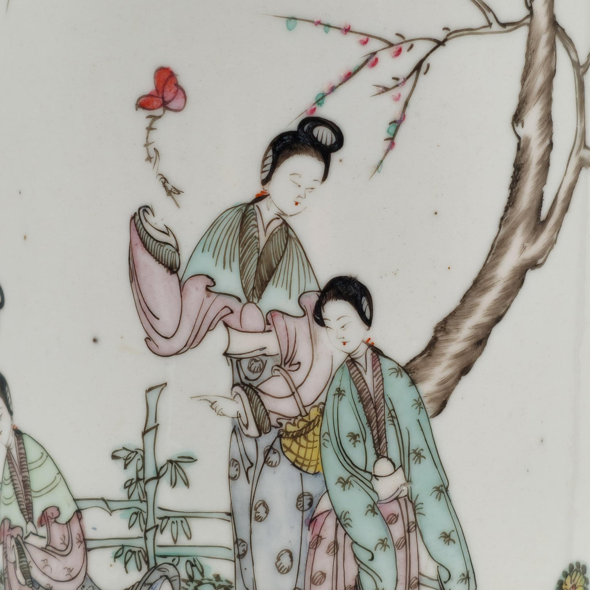 Chinese 20thC. Famille Rose Sleeve Vase with Women in Garden Setting, Republic Period Mollaris.com 