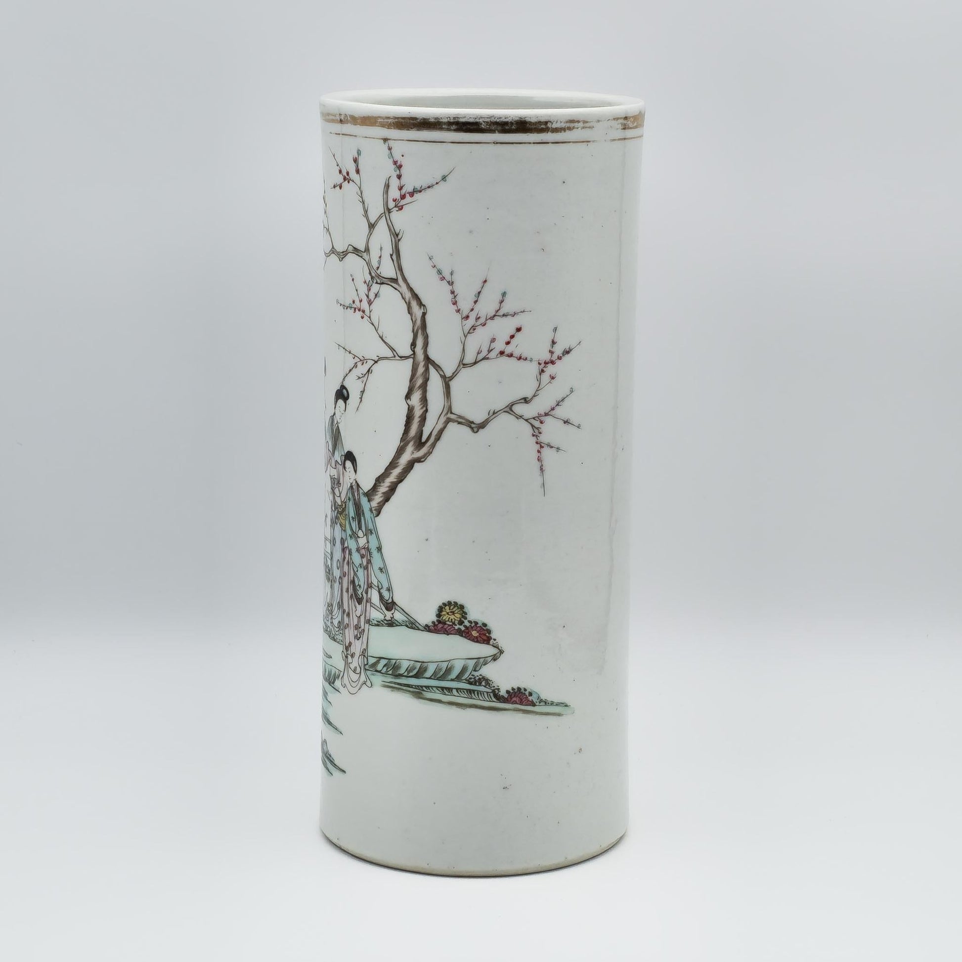 Chinese 20thC. Famille Rose Sleeve Vase with Women in Garden Setting, Republic Period Mollaris.com 