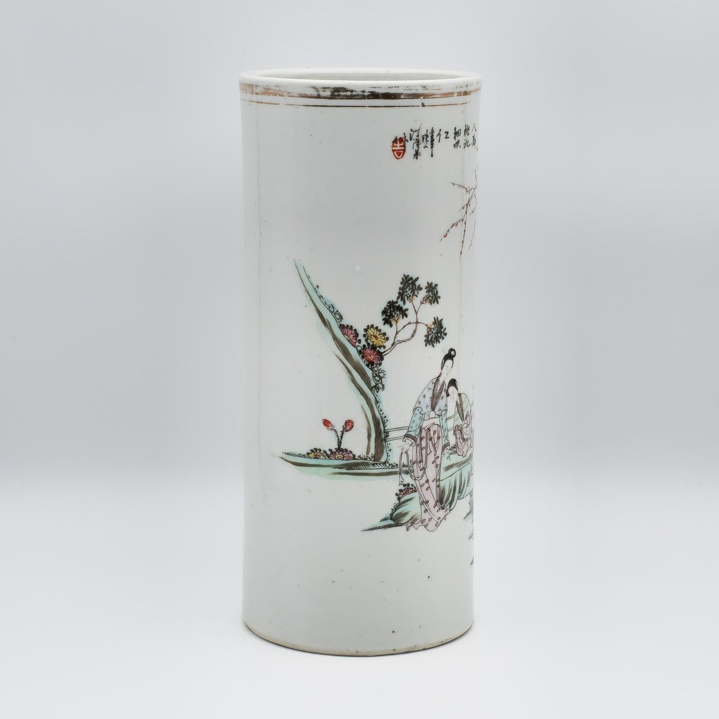 Chinese 20thC. Famille Rose Sleeve Vase with Women in Garden Setting, Republic Period Mollaris.com 