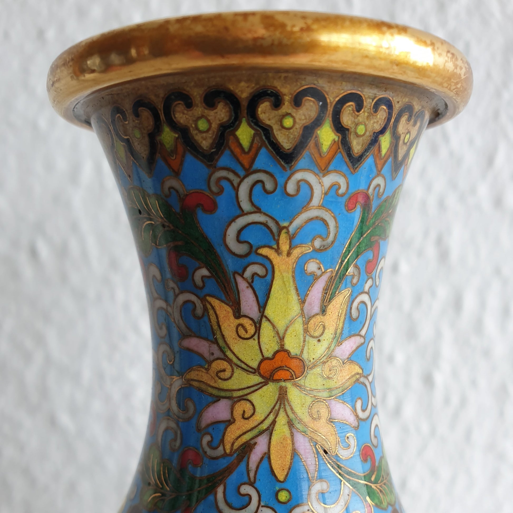 Chinese 20thC. Hexagonal Cloisonne Flower Panels Gilt Bronze Vase Mollaris.com 