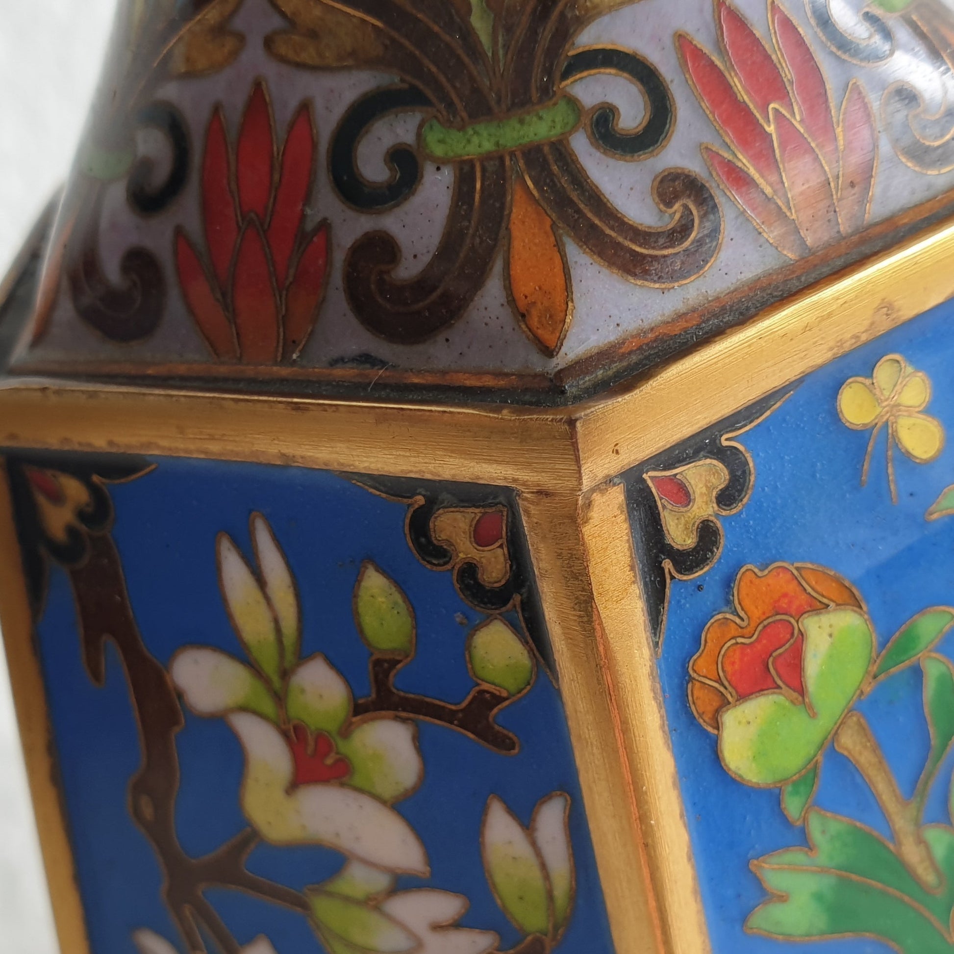Chinese 20thC. Hexagonal Cloisonne Flower Panels Gilt Bronze Vase Mollaris.com 
