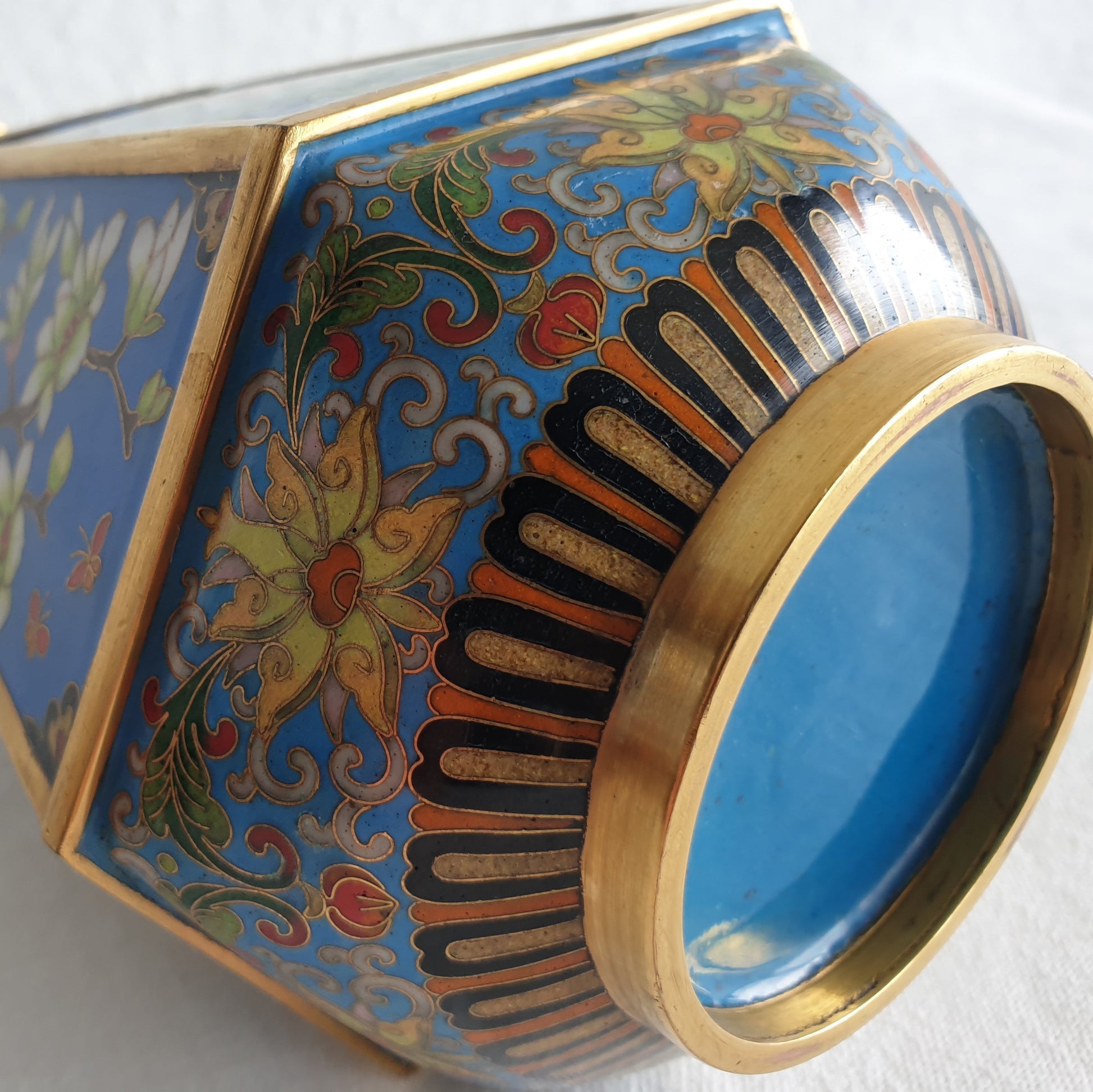 Chinese 20thC. Hexagonal Cloisonne Flower Panels Gilt Bronze Vase Mollaris.com 