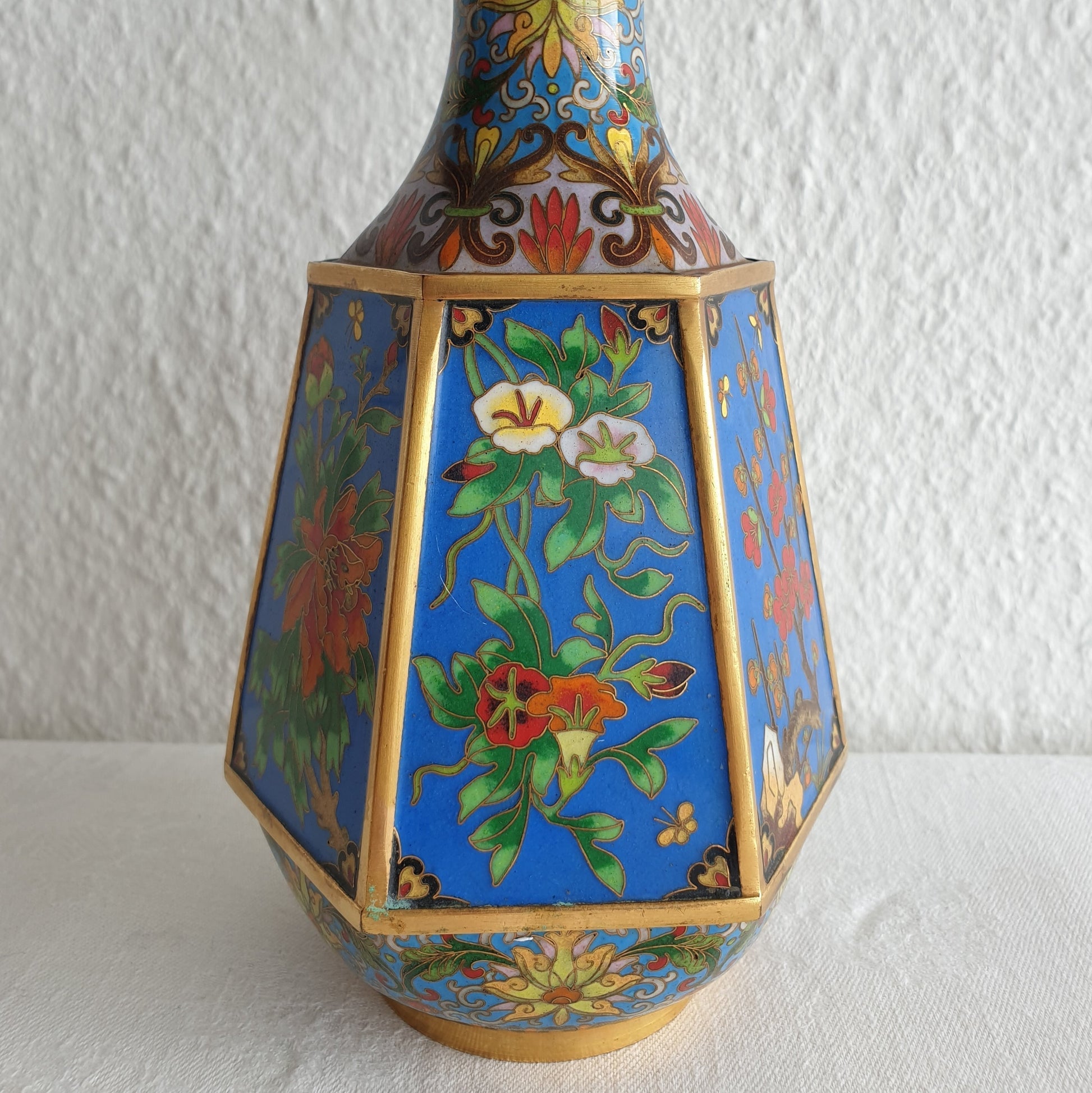 Chinese 20thC. Hexagonal Cloisonne Flower Panels Gilt Bronze Vase Mollaris.com 