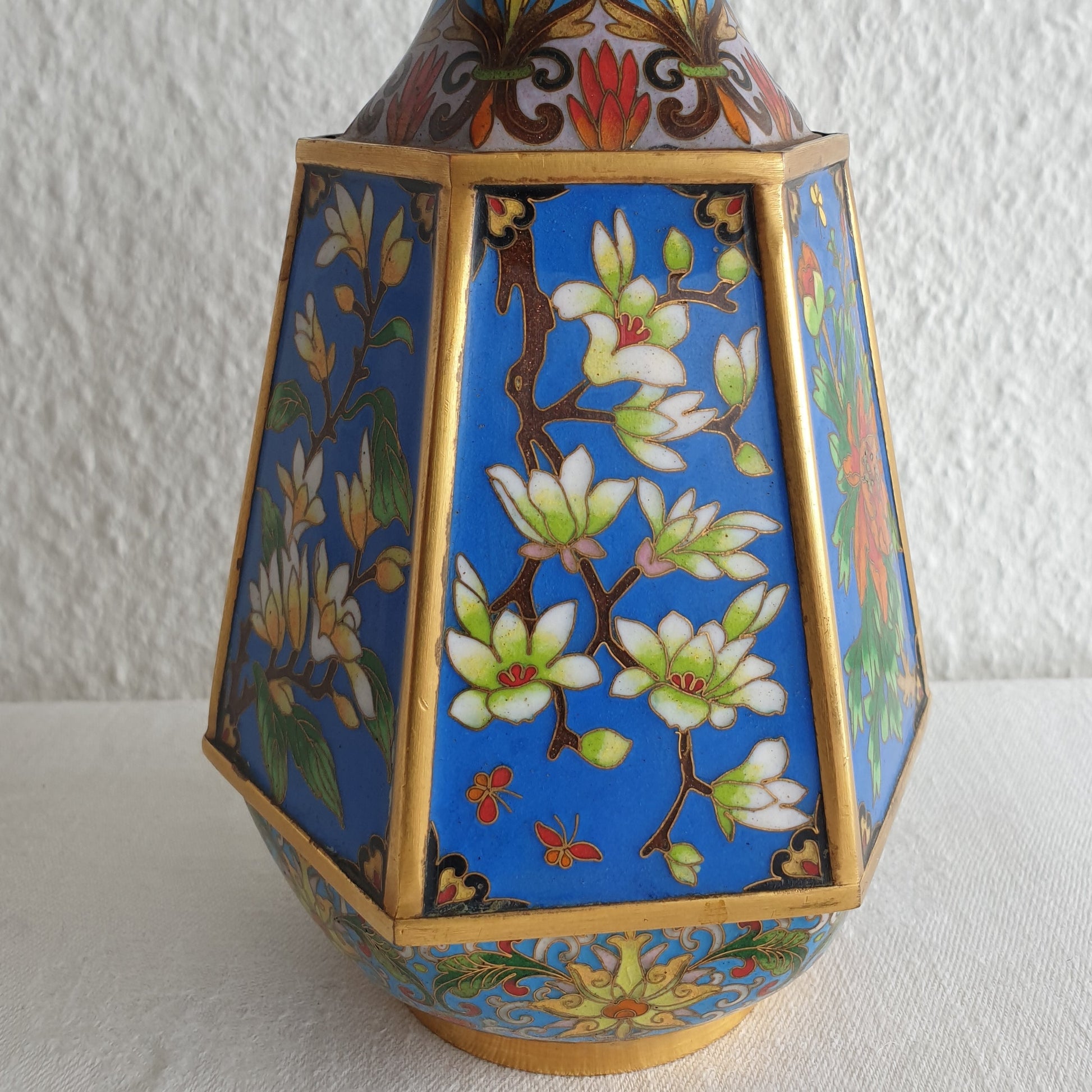 Chinese 20thC. Hexagonal Cloisonne Flower Panels Gilt Bronze Vase Mollaris.com 