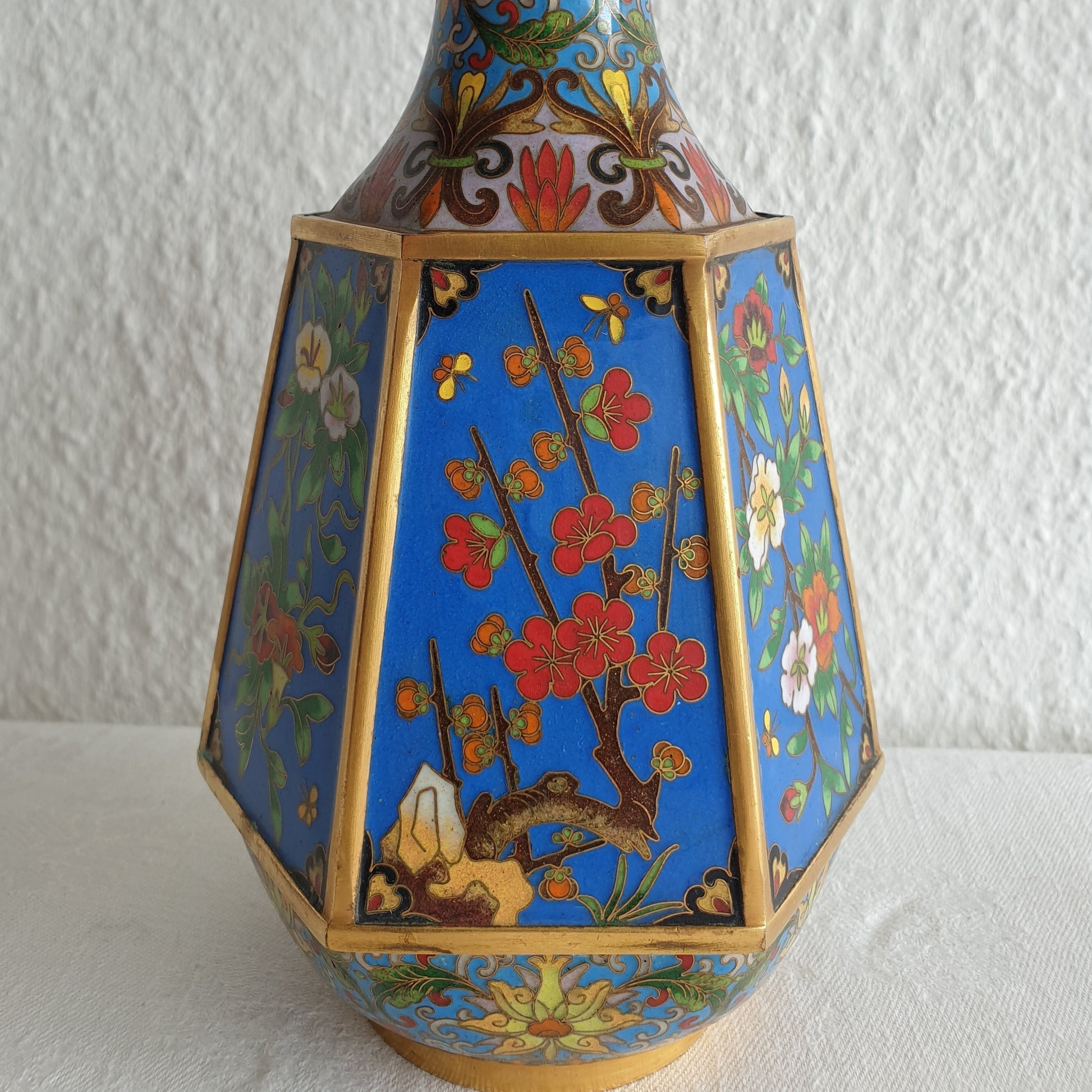 Chinese 20thC. Hexagonal Cloisonne Flower Panels Gilt Bronze Vase Mollaris.com 