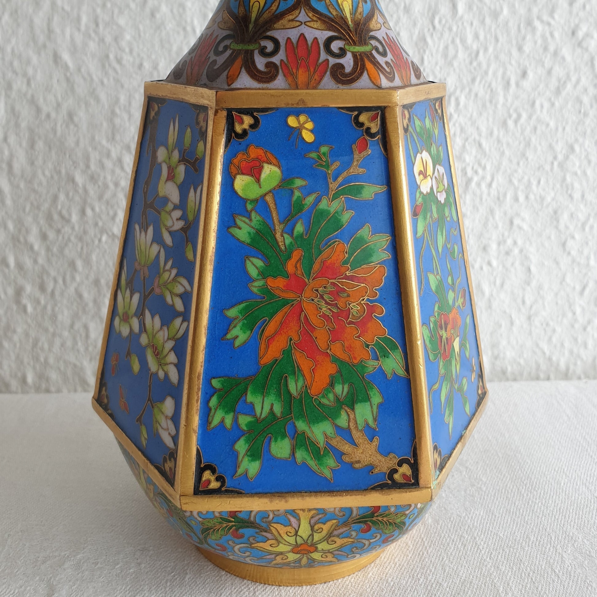Chinese 20thC. Hexagonal Cloisonne Flower Panels Gilt Bronze Vase Mollaris.com 