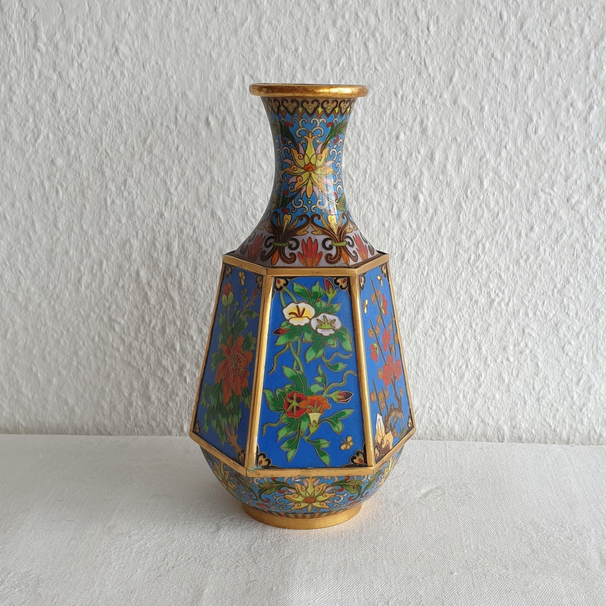 Chinese 20thC. Hexagonal Cloisonne Flower Panels Gilt Bronze Vase Mollaris.com 