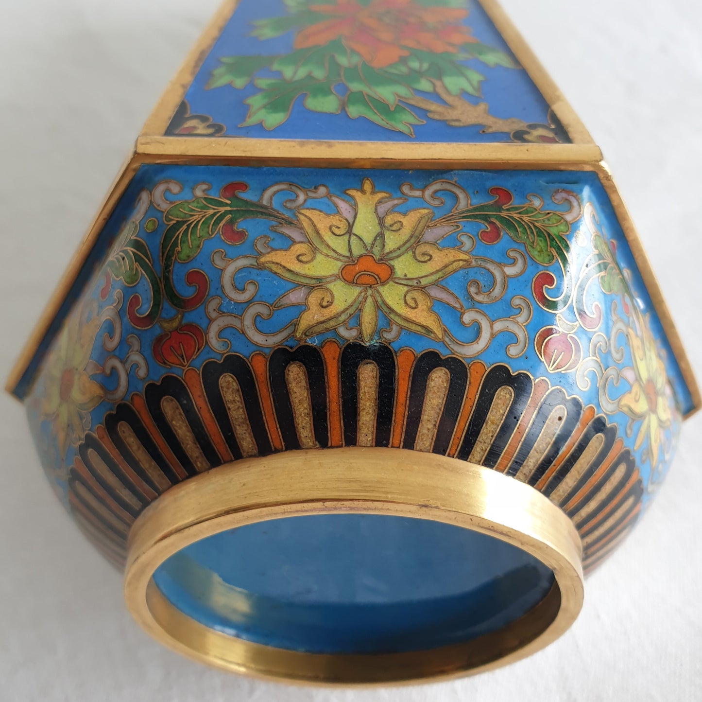 Chinese 20thC. Hexagonal Cloisonne Flower Panels Gilt Bronze Vase Mollaris.com 