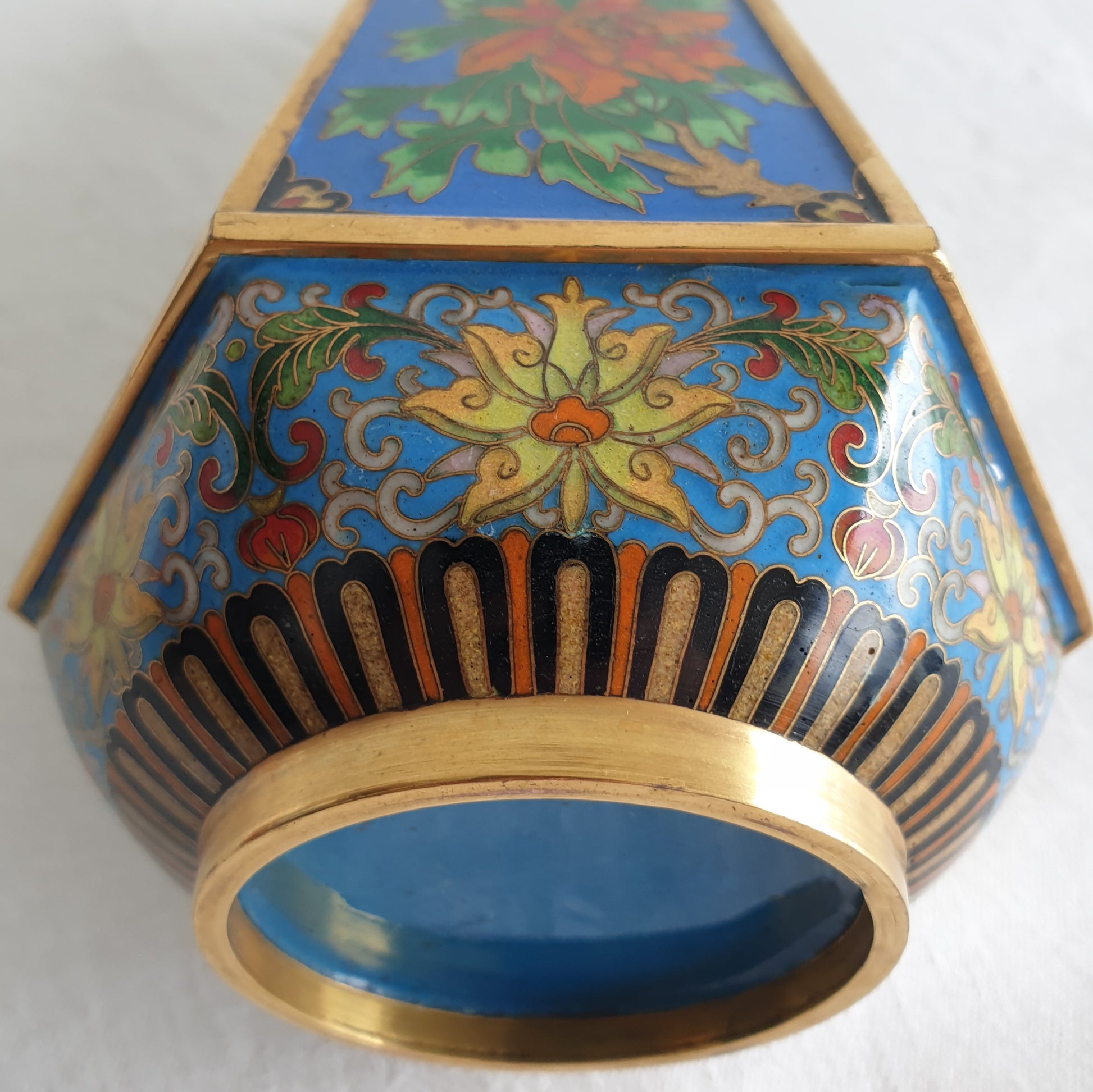 Chinese 20thC. Hexagonal Cloisonne Flower Panels Gilt Bronze Vase Mollaris.com 