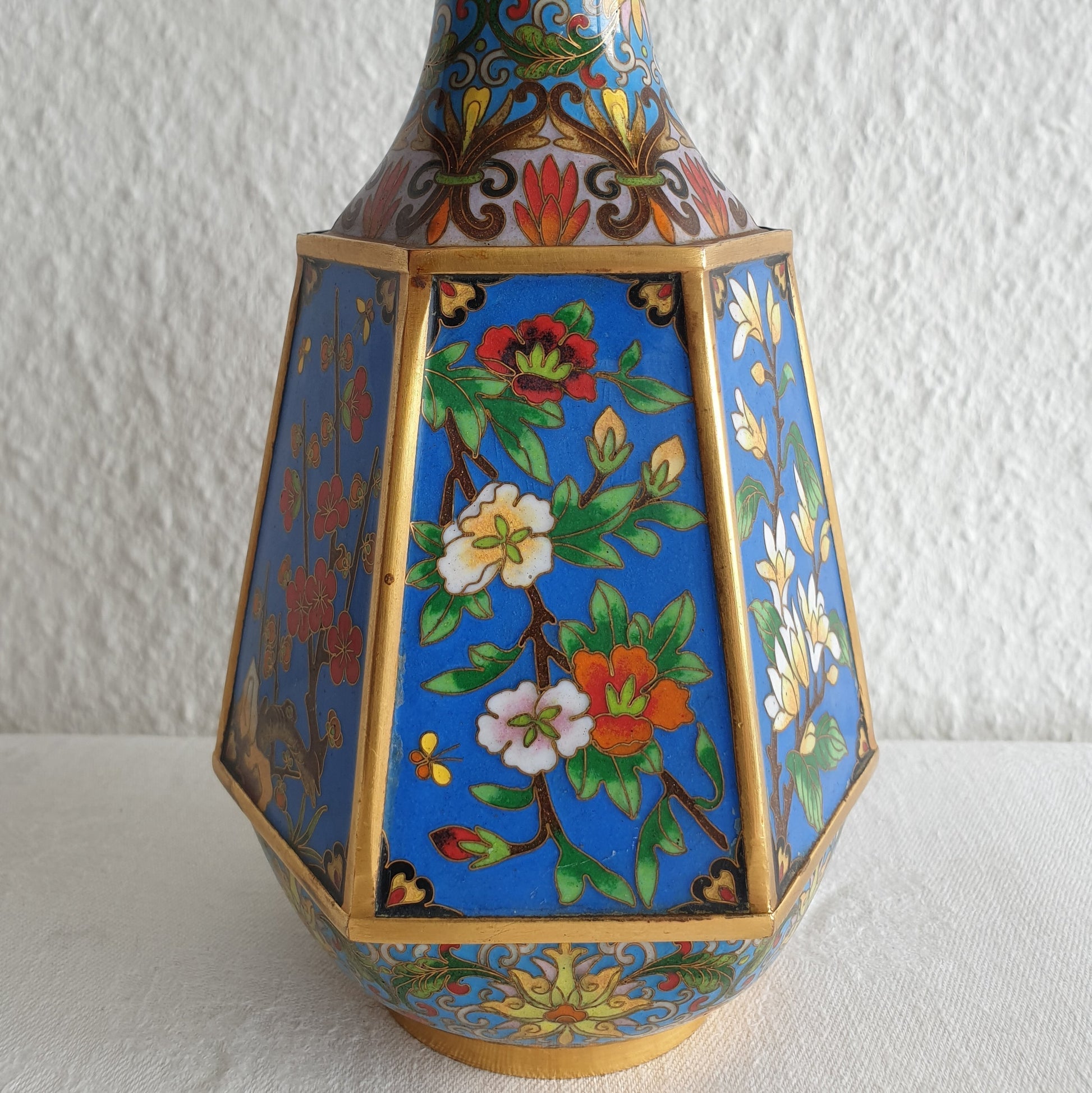 Chinese 20thC. Hexagonal Cloisonne Flower Panels Gilt Bronze Vase Mollaris.com 