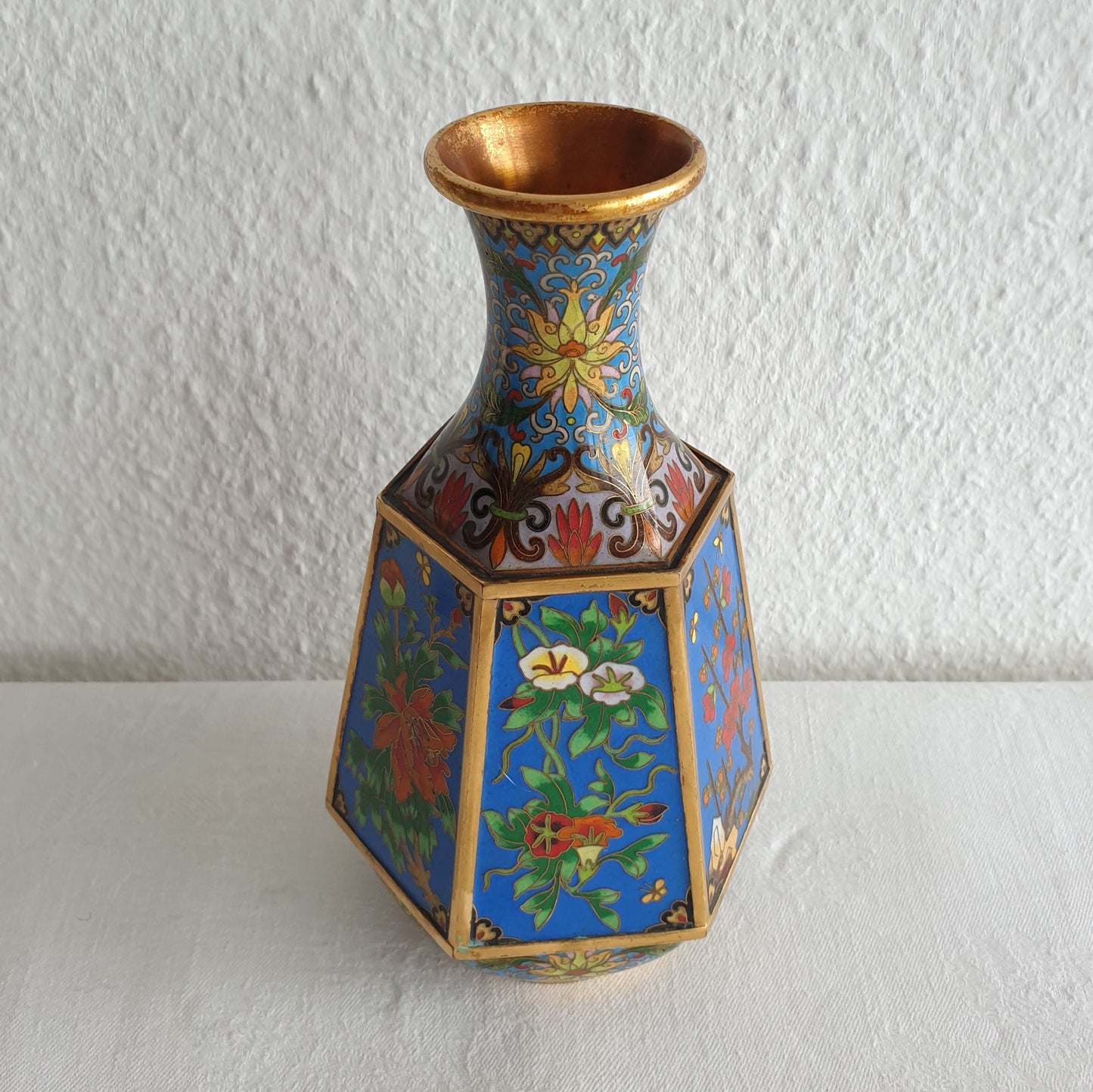 Chinese 20thC. Hexagonal Cloisonne Flower Panels Gilt Bronze Vase Mollaris.com 