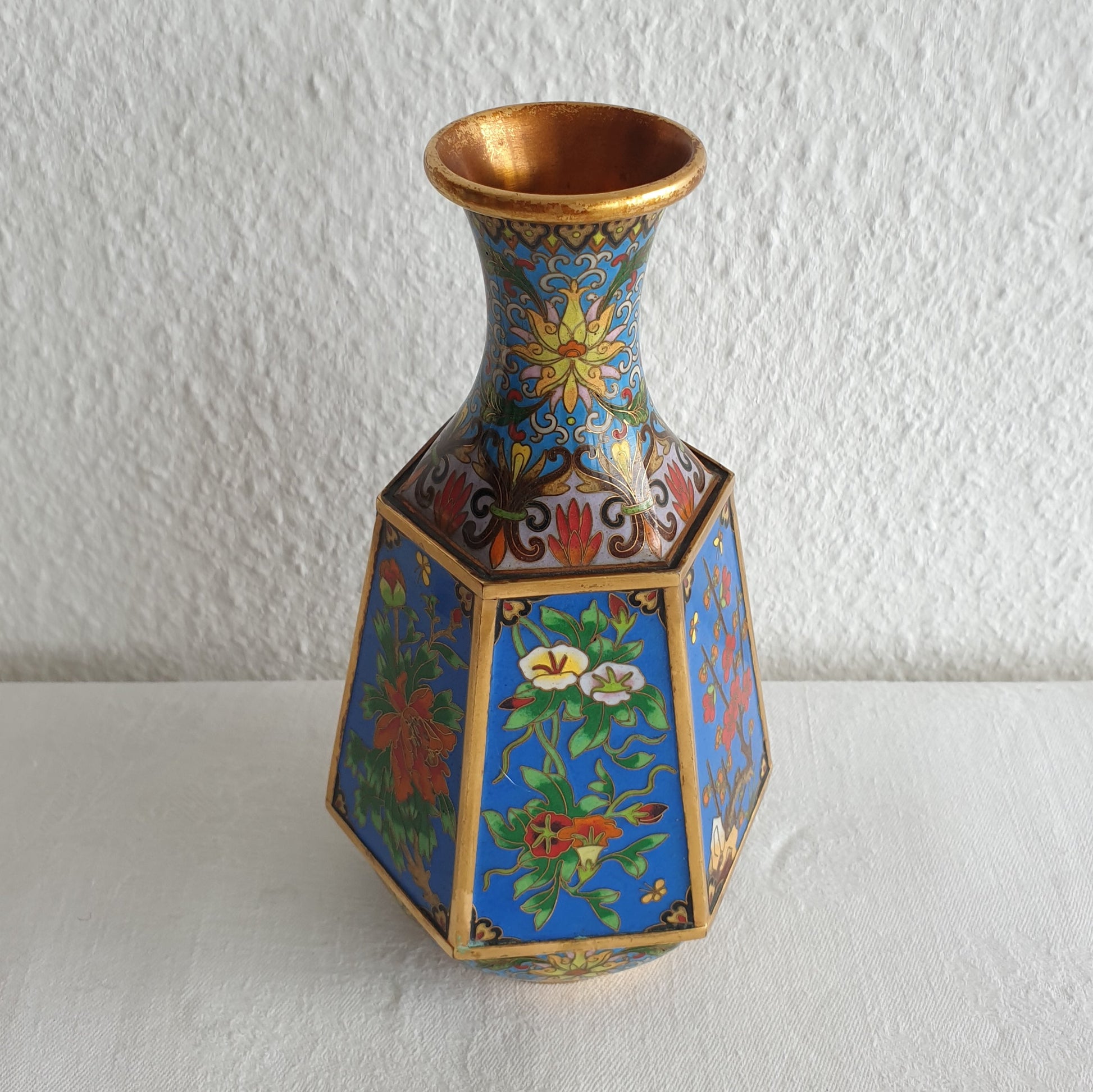 Chinese 20thC. Hexagonal Cloisonne Flower Panels Gilt Bronze Vase Mollaris.com 