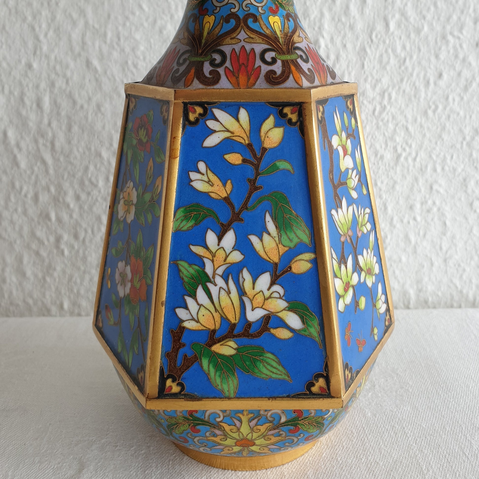Chinese 20thC. Hexagonal Cloisonne Flower Panels Gilt Bronze Vase Mollaris.com 