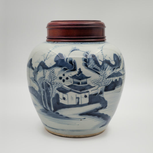 Chinese Export Blue Pagoda Landscape Decorated Lidded Porcelain Ginger Jar Mollaris.com 