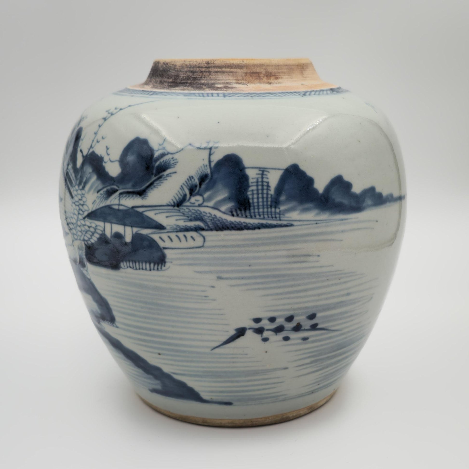 Chinese Export Blue Pagoda Landscape Decorated Lidded Porcelain Ginger Jar Mollaris.com 
