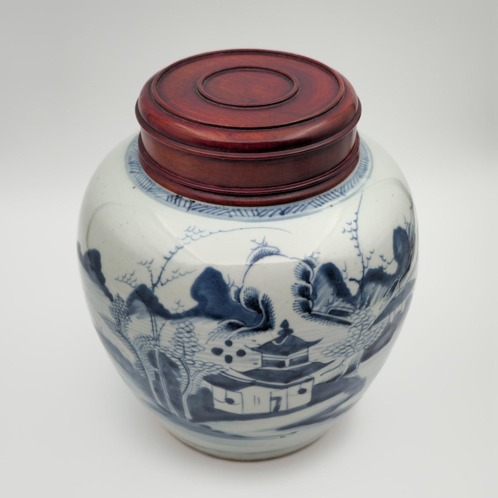 Chinese Export Blue Pagoda Landscape Decorated Lidded Porcelain Ginger Jar Mollaris.com 