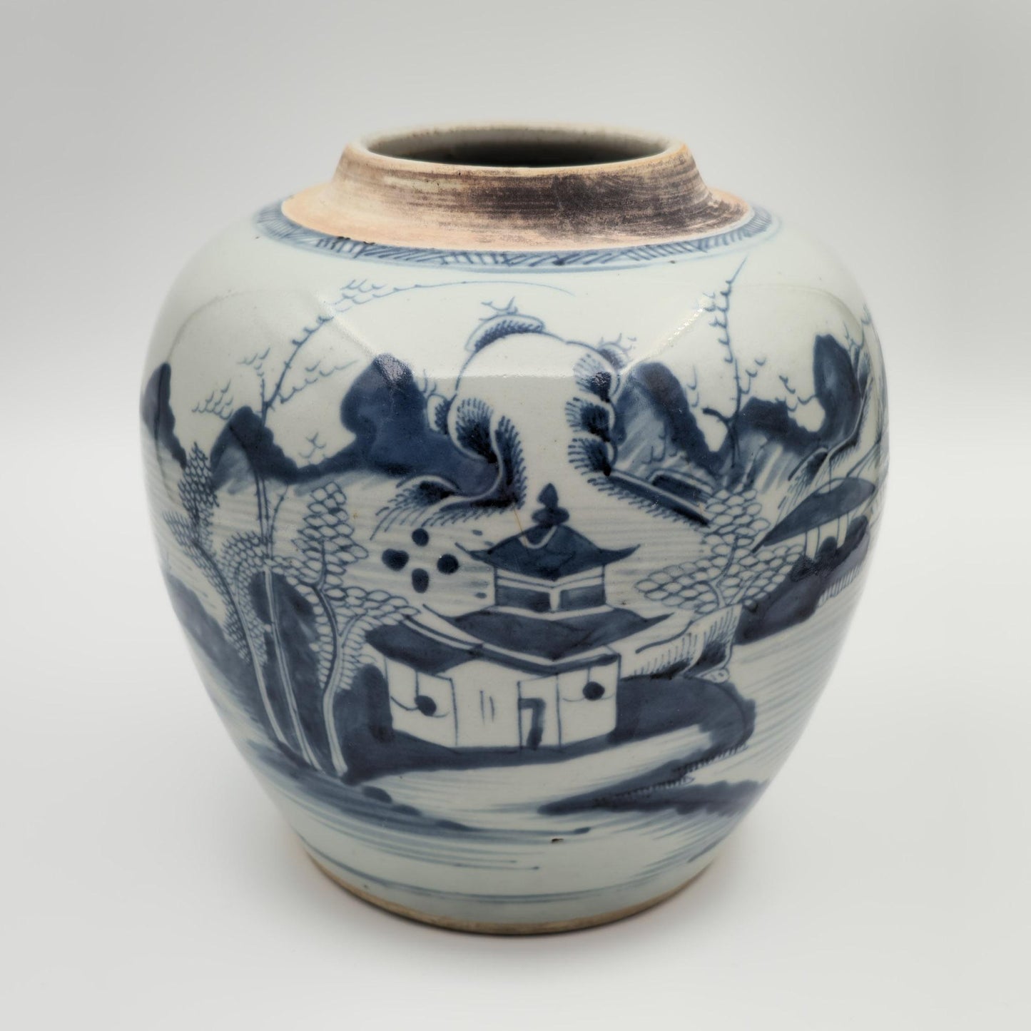 Chinese Export Blue Pagoda Landscape Decorated Lidded Porcelain Ginger Jar Mollaris.com 
