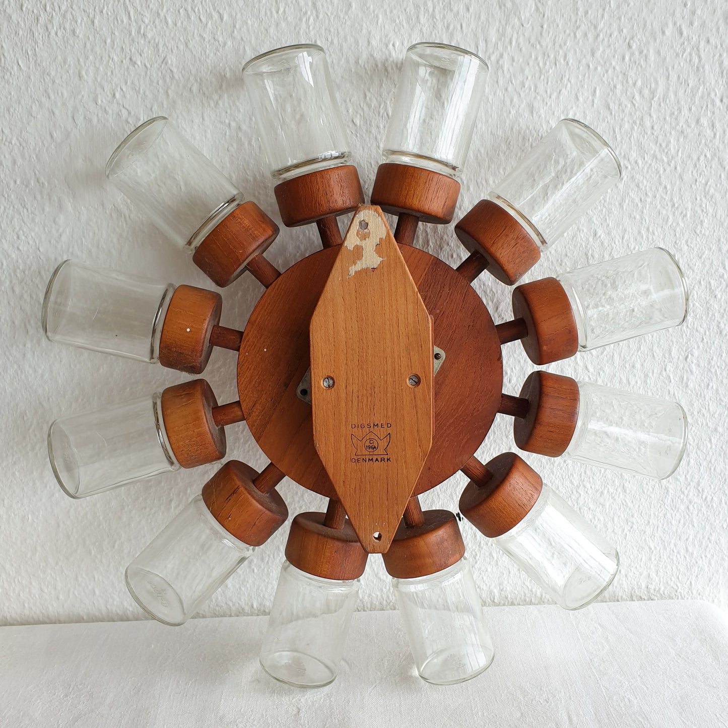 DIGSMED Danish Teak Spice Rack Wheel with 12 Glass Jars Mollaris.com 