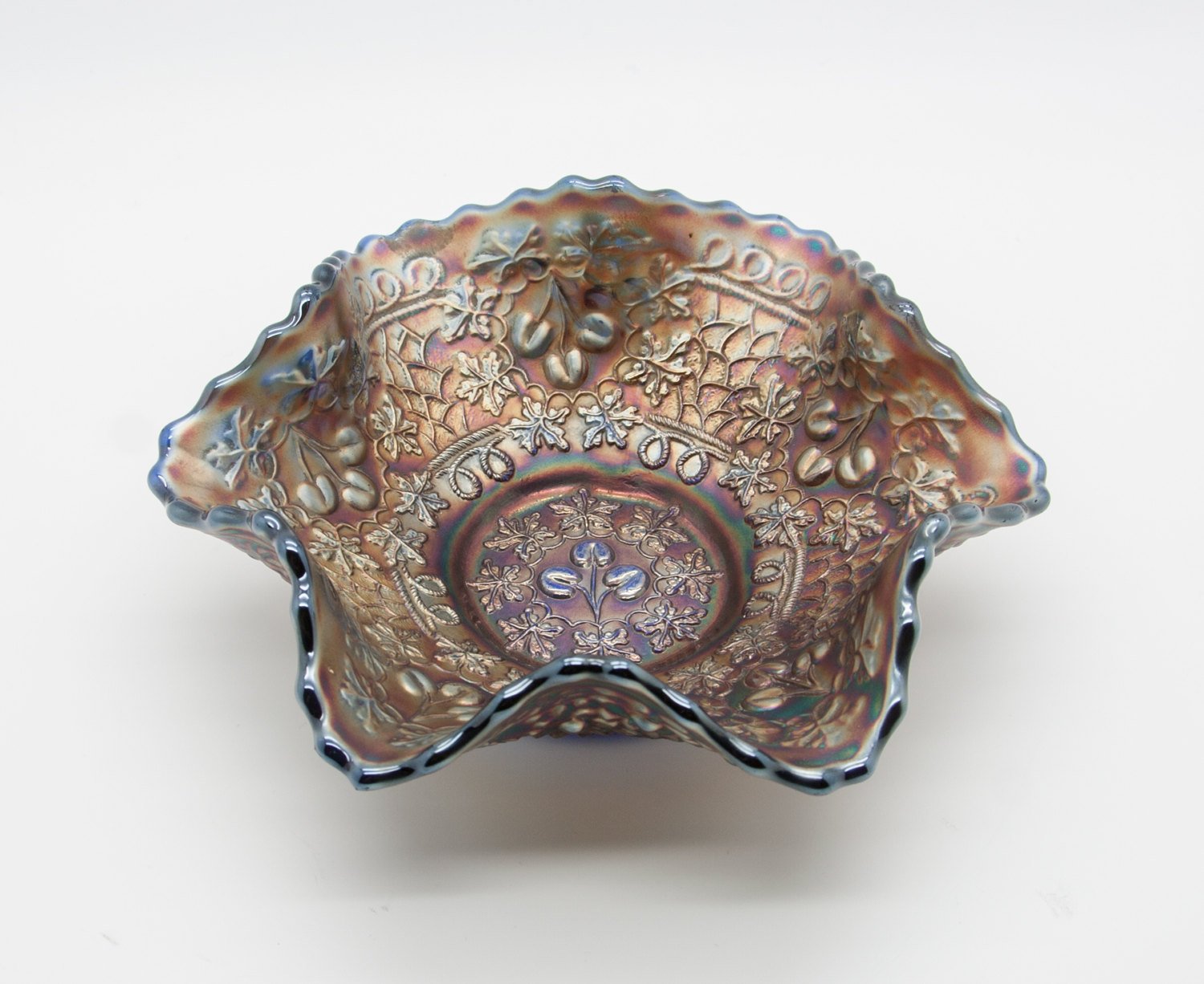 FENTON Carnival Glass Blue CHERRY CHAIN Ruffled Bowl Orange Tree Back Mollaris.com 