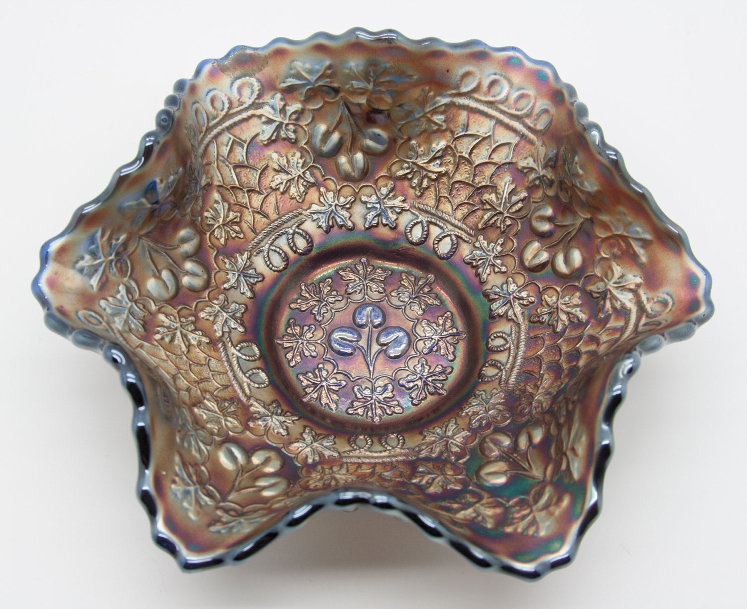 FENTON Carnival Glass Blue CHERRY CHAIN Ruffled Bowl Orange Tree Back Mollaris.com 