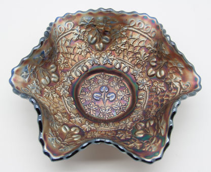FENTON Carnival Glass Blue CHERRY CHAIN Ruffled Bowl Orange Tree Back Mollaris.com 