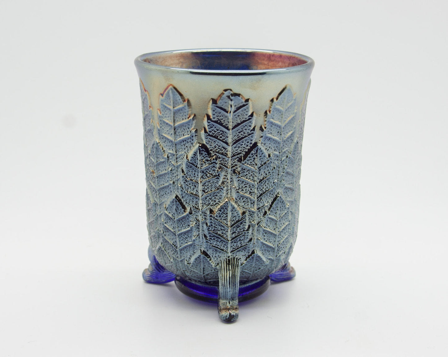 FENTON Carnival Glass Blue LEAF TIERS Tumbler Mollaris.com 