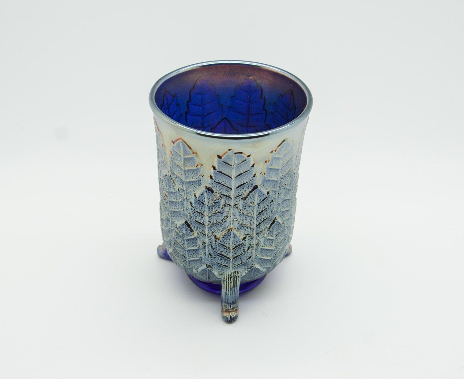 FENTON Carnival Glass Blue LEAF TIERS Tumbler Mollaris.com 