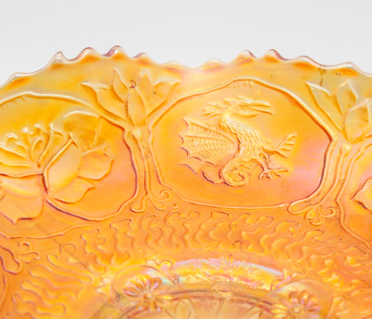 FENTON Carnival Glass Marigold DRAGON and LOTUS Bowl Mollaris.com 