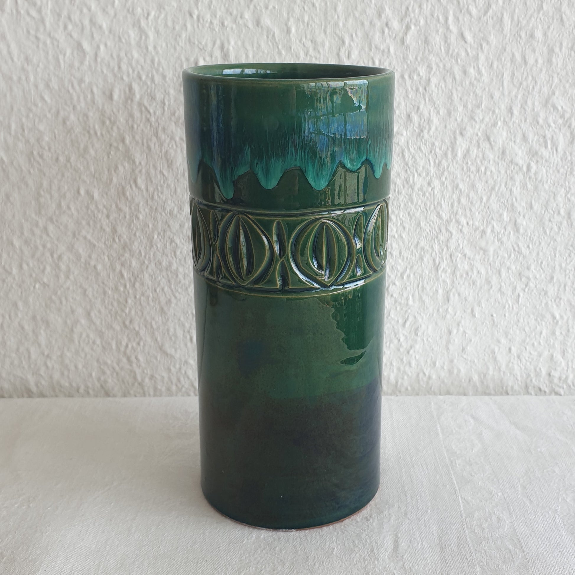 FRATELLI FANCIULLACCI Light Dark Green Drip Glaze Sgrafitto Decorated Ceramic Vase Mollaris.com 