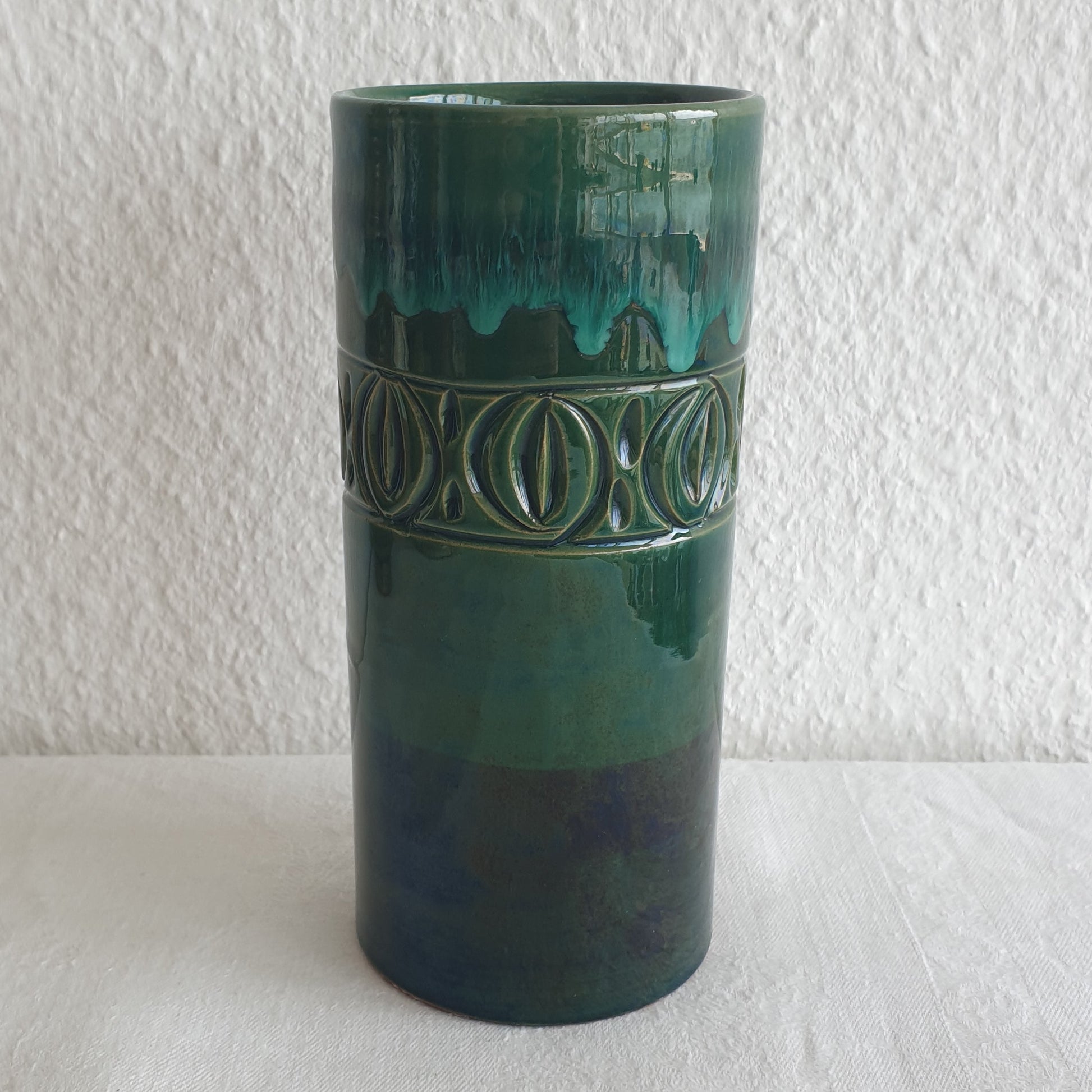 FRATELLI FANCIULLACCI Light Dark Green Drip Glaze Sgrafitto Decorated Ceramic Vase Mollaris.com 