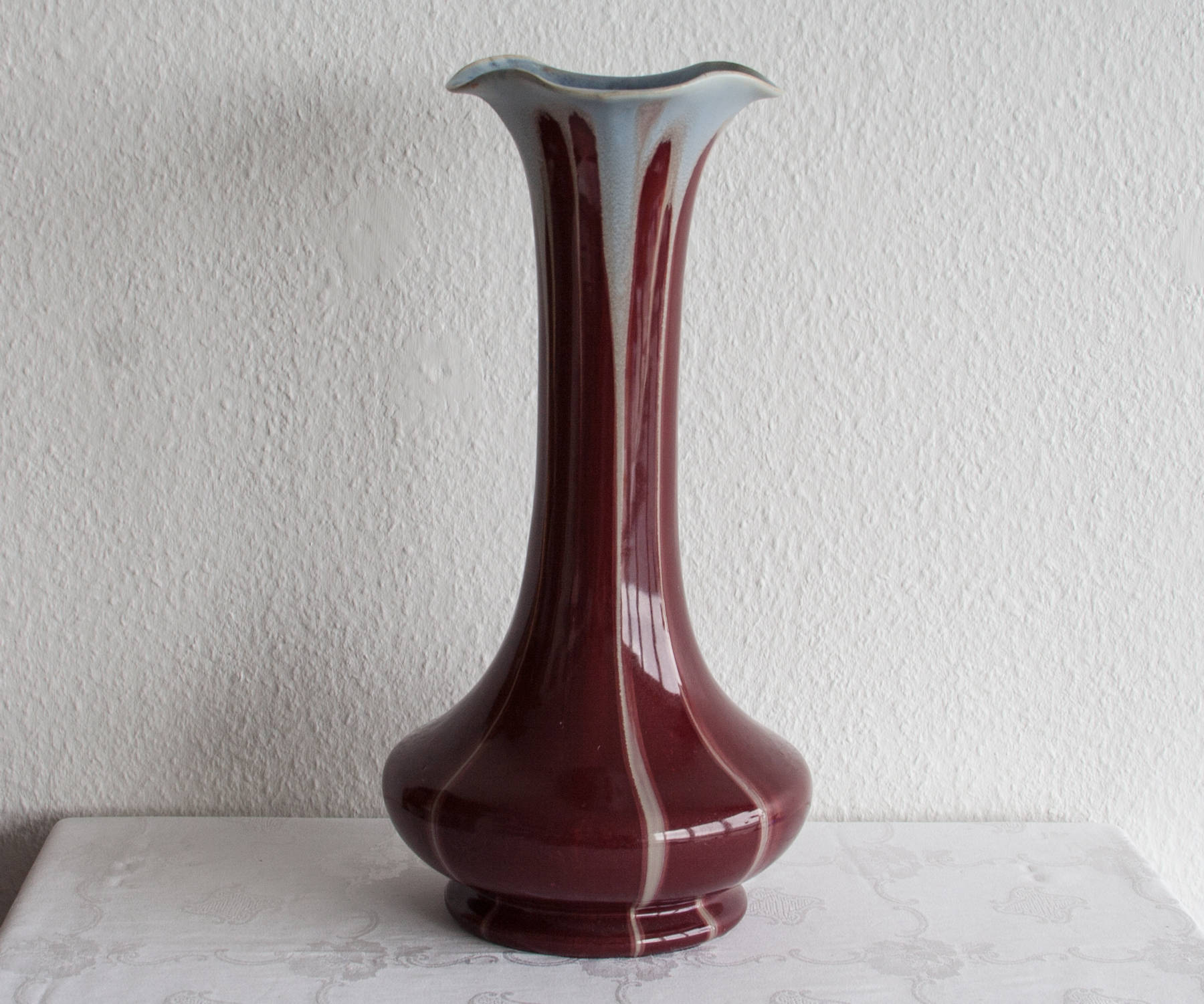 Faiencerie Thulin BELGIUM Art Nouveau Red & White Drip Glaze Ceramic Floor Vase Mollaris.com 