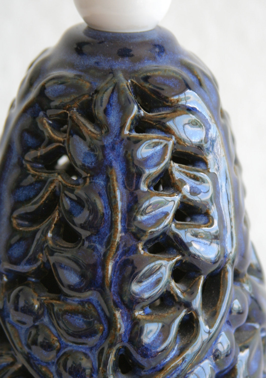 L. HJORTH Azure Blue Openwork Leaves and Branches Stoneware Table Lamp Mollaris.com 