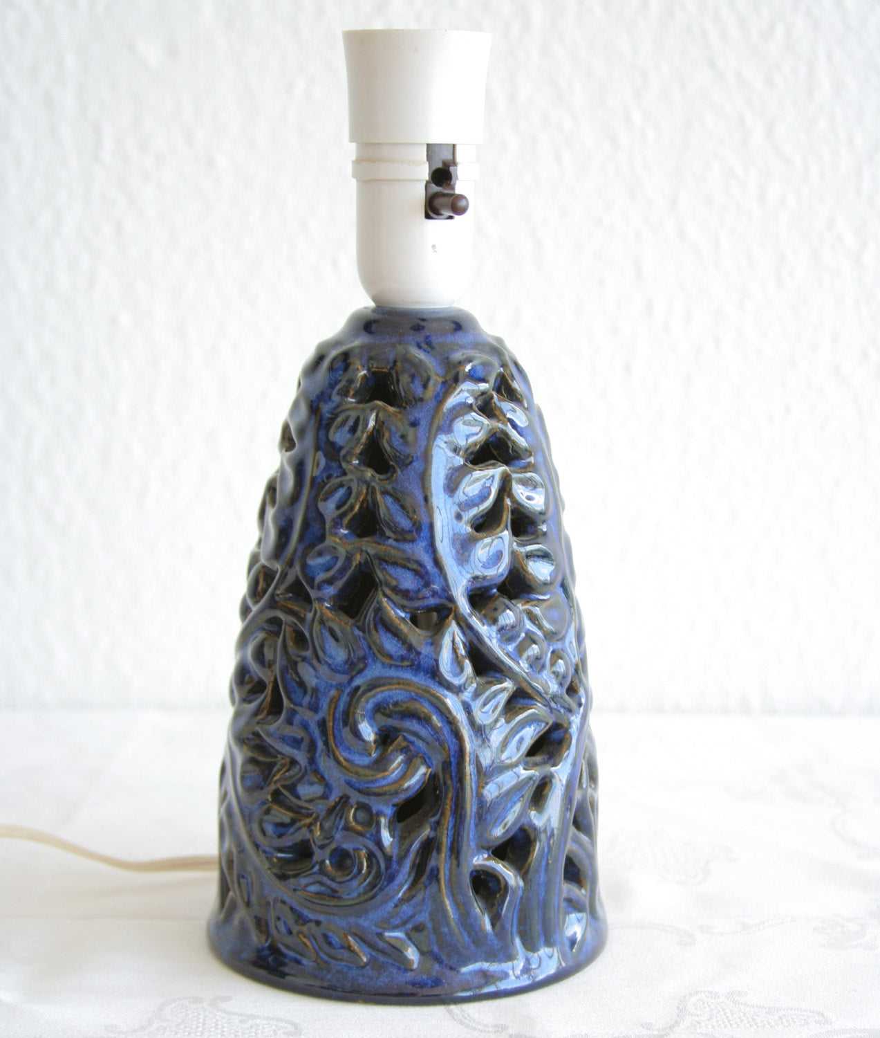 L. HJORTH Azure Blue Openwork Leaves and Branches Stoneware Table Lamp Mollaris.com 