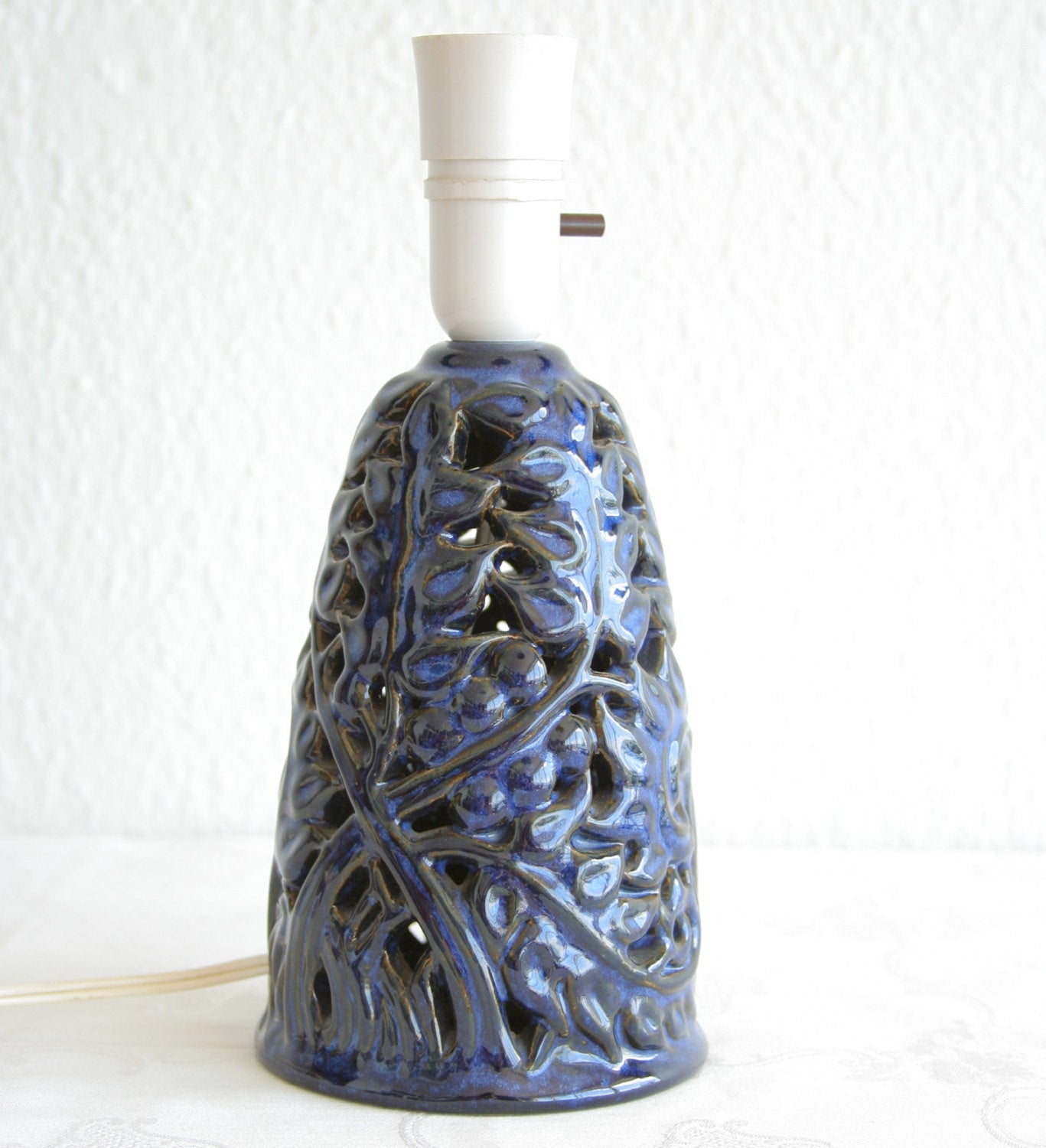 L. HJORTH Azure Blue Openwork Leaves and Branches Stoneware Table Lamp Mollaris.com 