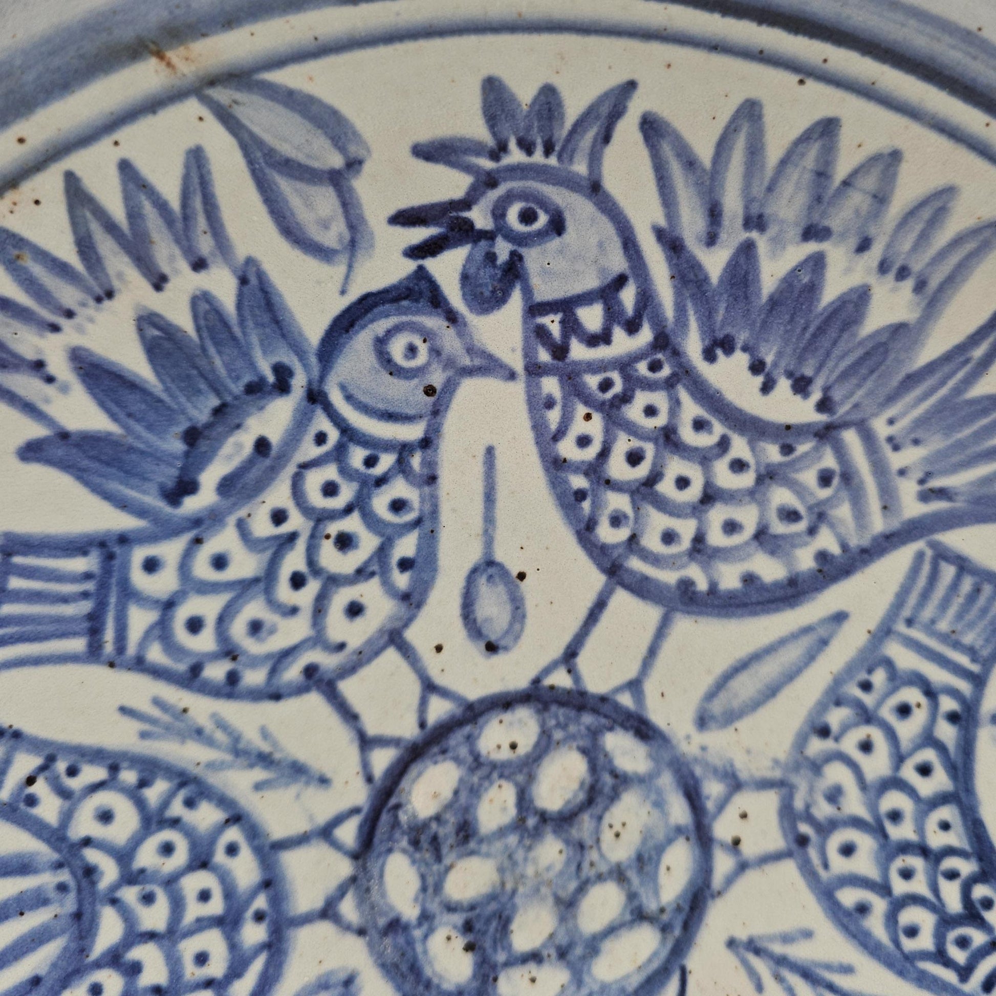 L. HJORTH Blue Roosters and Hens Decorated Stoneware Dish Mollaris.com 
