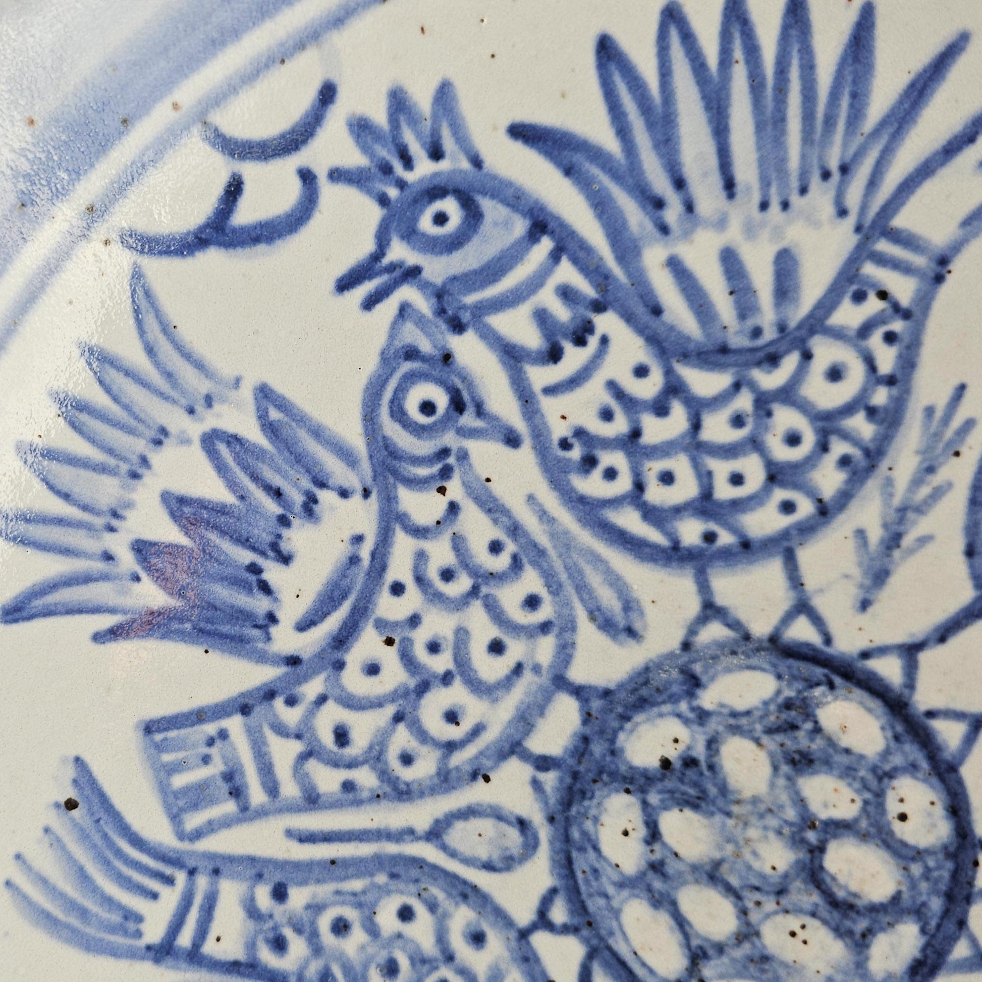 L. HJORTH Blue Roosters and Hens Decorated Stoneware Dish Mollaris.com 