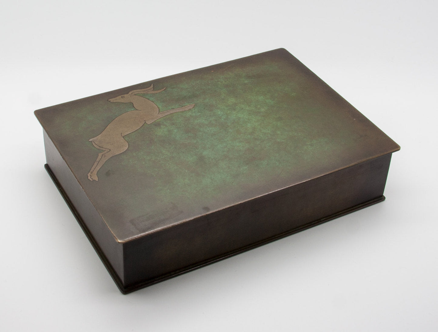 Modernist Brass Inlaid Deer Bronze Cigar Box Mollaris.com 