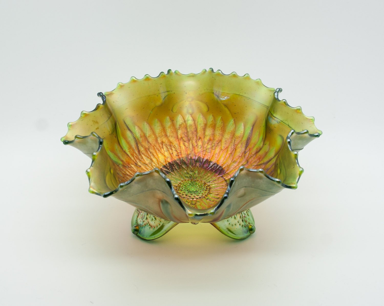 NORTHWOOD Carnival Glass Apple Green SUNFLOWER Spatula Footed Bowl Mollaris.com 