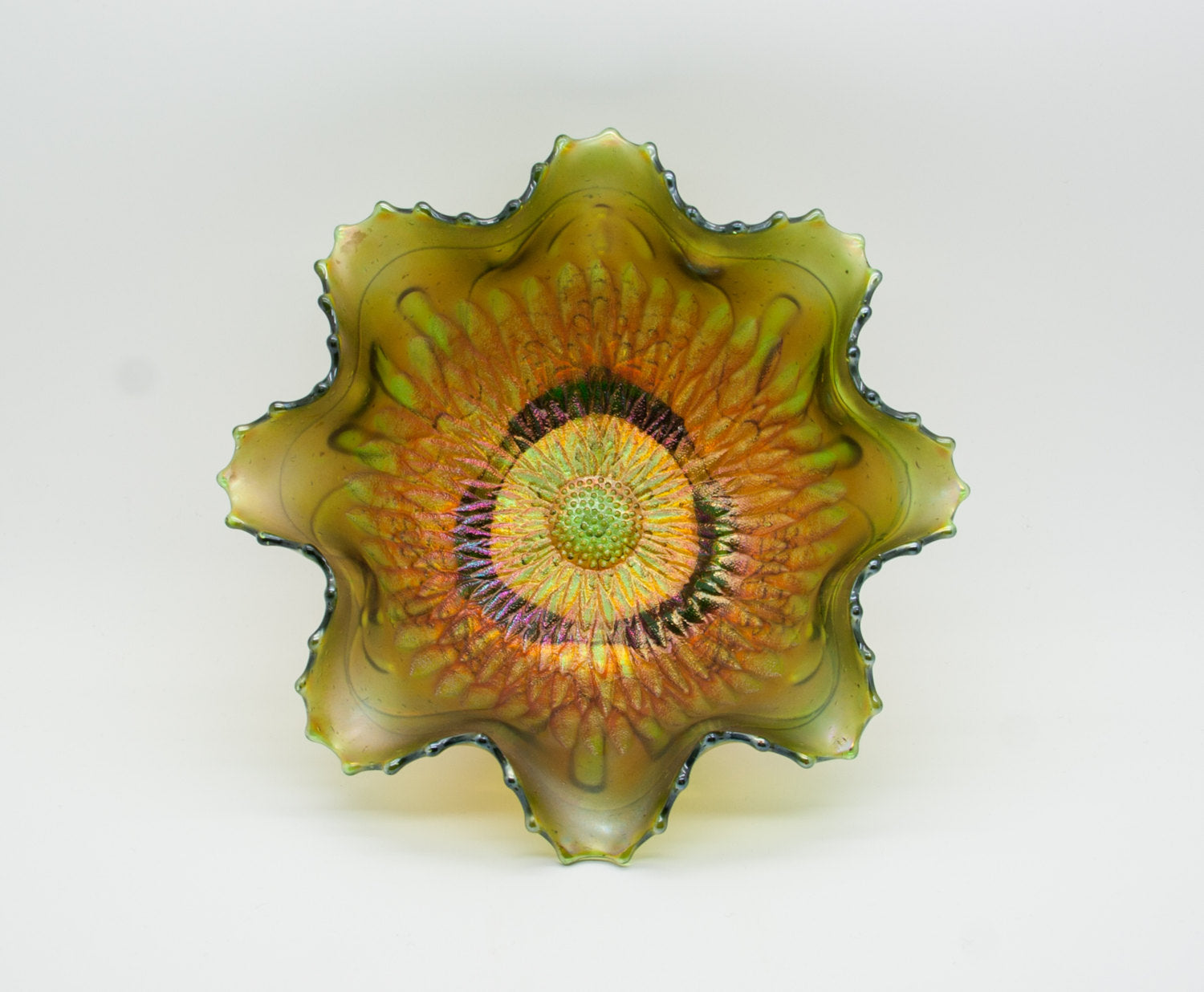 NORTHWOOD Carnival Glass Apple Green SUNFLOWER Spatula Footed Bowl Mollaris.com 