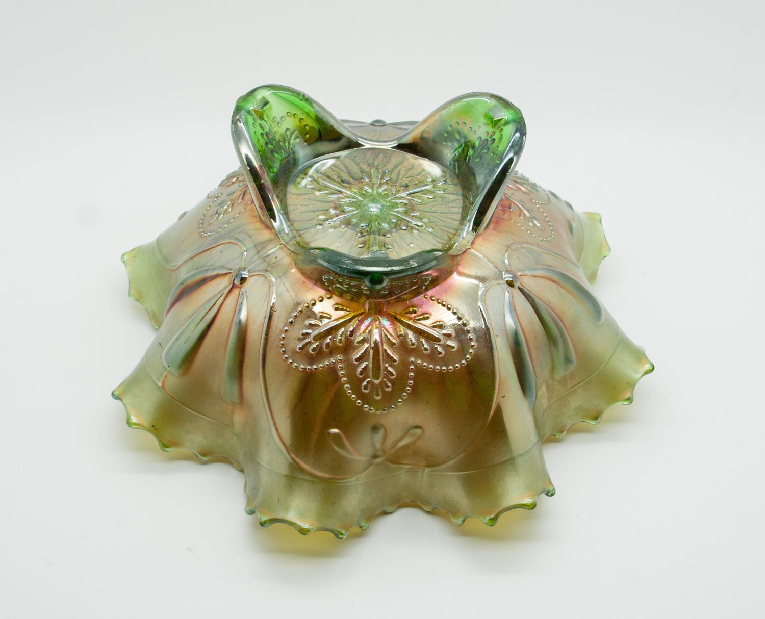 NORTHWOOD Carnival Glass Apple Green SUNFLOWER Spatula Footed Bowl Mollaris.com 