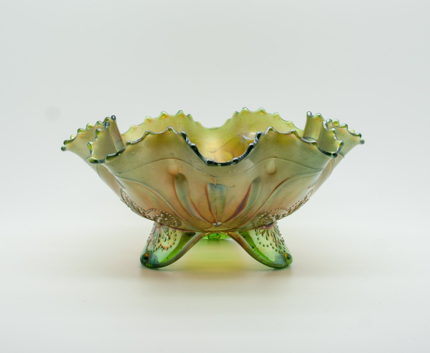 NORTHWOOD Carnival Glass Apple Green SUNFLOWER Spatula Footed Bowl Mollaris.com 