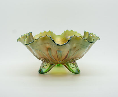 NORTHWOOD Carnival Glass Apple Green SUNFLOWER Spatula Footed Bowl Mollaris.com 