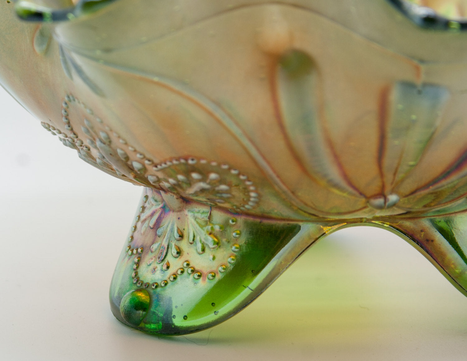 NORTHWOOD Carnival Glass Apple Green SUNFLOWER Spatula Footed Bowl Mollaris.com 