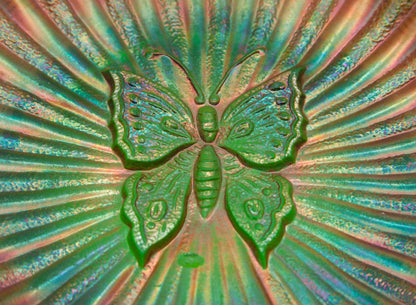 NORTHWOOD Carnival Glass Green BUTTERFLY Bonbon Card Tray Threaded Back Mollaris.com 
