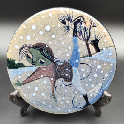 PALLE & MARGRETHE DYBDAHL ICE SKATER WINTER LANDSCAPE ROUND CERAMIC WALL TILE | 20TH CENTURY Mollaris.com 