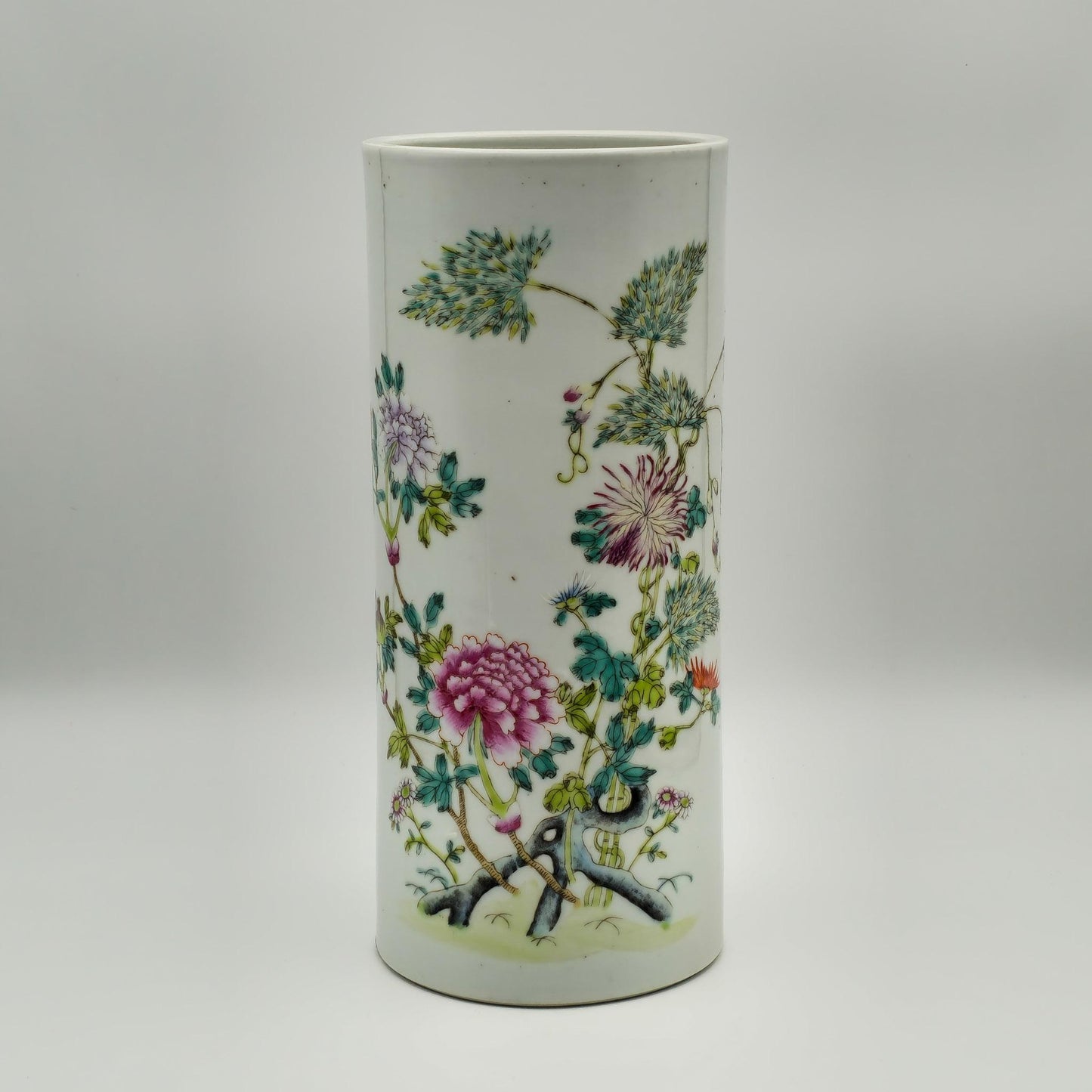 Chinese 20thC. Famille Rose Hongxian Marked Sleeve Vase With Flowers and Bats, Republic Period
